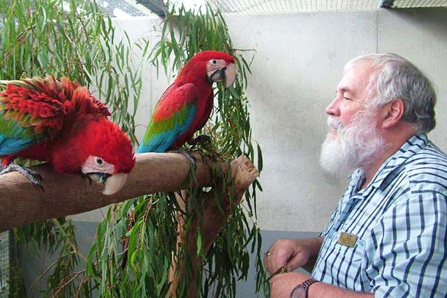Professor Bob Doneley talks to two birds